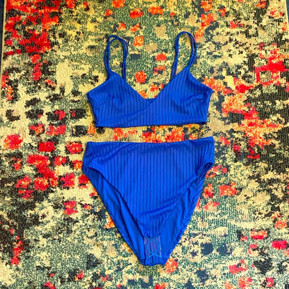 ASOS Blue High Waist Ribbed Texture Bikini NEW Size 10